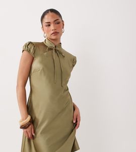 Miss Selfridge Petite Miss Selfridge Petite satin tie neck mini dress in khaki-Green