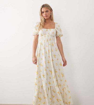 Miss Selfridge Petite Miss Selfridge Petite seersucker puff sleeve milkmaid maxi dress in light floral print-Multi