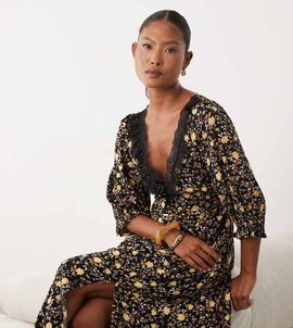Miss Selfridge Petite Miss Selfridge Petite spun maxi day dress with lace trim in dark floral-Multi