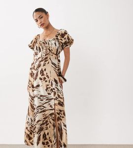 Miss Selfridge Petite Miss Selfridge Petite spun puff sleeve maxi dress in animal-Multi