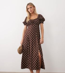 Miss Selfridge Petite Miss Selfridge Petite spun puff sleeve maxi dress in choc polka dot-Multi