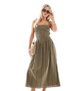 Miss Selfridge Petite Miss Selfridge Petite strappy broderie maxi dress in khaki-Green