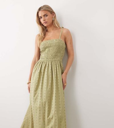 Miss Selfridge Petite Miss Selfridge Petite strappy eyelet midaxi dress in sage-Green