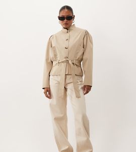 Miss Selfridge Petite Miss Selfridge Petite strong shoulder high neck belted shorter length trench in stone-Neutral