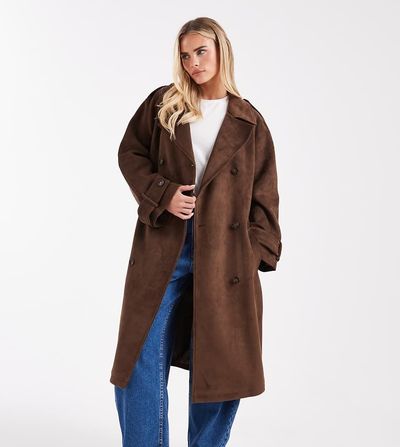 Miss Selfridge Petite Miss Selfridge Petite suedette trench coat in chocolate-Brown