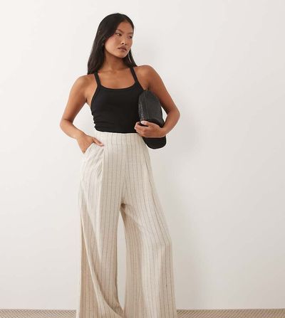 Miss Selfridge Petite Miss Selfridge Petite tailored linen look palazzo pants in neutral striped print