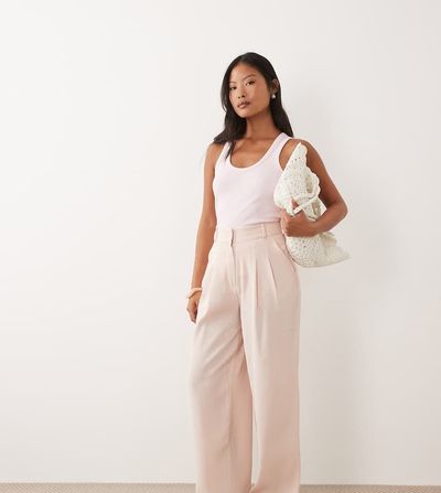 Miss Selfridge Petite Miss Selfridge Petite tailored wide leg pants in pale pink-Brown