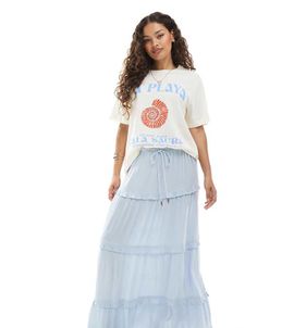 Miss Selfridge Petite Miss Selfridge Petite tiered maxi skirt in light blue-Multi