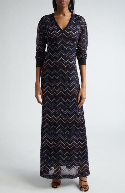 Missoni Missoni Sparkly Sequin Long Sleeve Shimmer Chevron Knit Maxi Dress