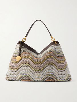 MISSONI Sequined-embellished striped leather-trimmed woven shoulder bag
