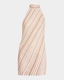 Missoni Sleeveless Metallic Diagonal Striped Mini Halter Dress