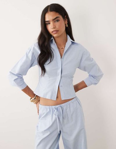 Missyempire Missy Empire balloon sleeve fitted shirt in blue pinstripe - part of a set