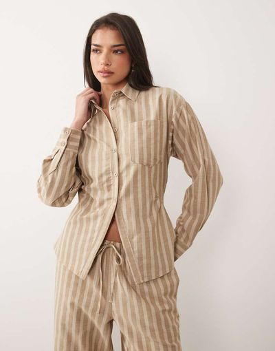 Missyempire Missy Empire cinch back detail fitted shirt in tan pinstripe - part of a set-Neutral