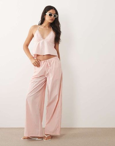 Missyempire Missy Empire cotton blend elastic waist wide leg pants in pink stripes - part of a set