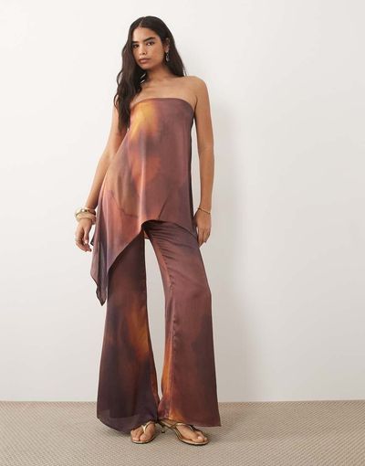Missyempire Missy Empire cotton satin wide leg pants in rust & burgundy print - part of a set-Brown