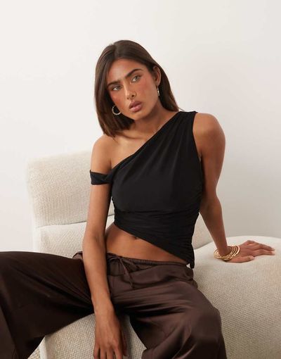 Missyempire Missy Empire double sculpted slinky asymmetric off shoulder top in black