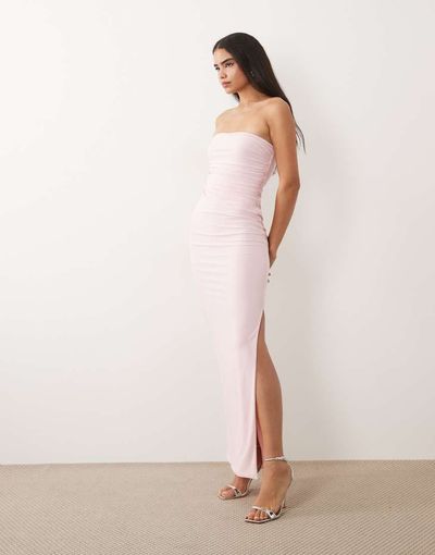 Missyempire Missy Empire double sculpted slinky bandeau ruched waist detail maxi dress in pink