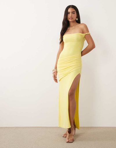 Missyempire Missy Empire double sculpted slinky bardot twist shoulder drape front thigh split maxi dress in lemon-Yellow