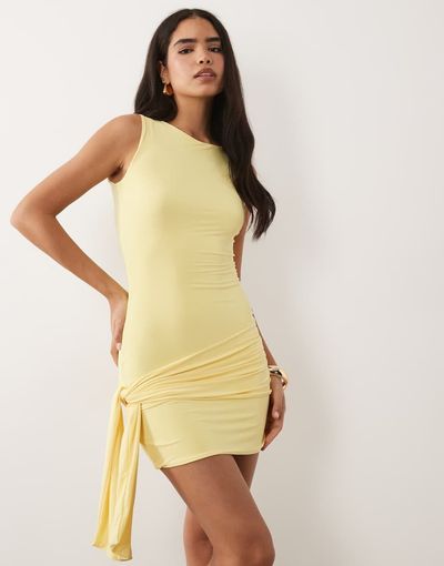 Missyempire Missy Empire double sculpted slinky wrap drape detail mini dress in lemon-Yellow