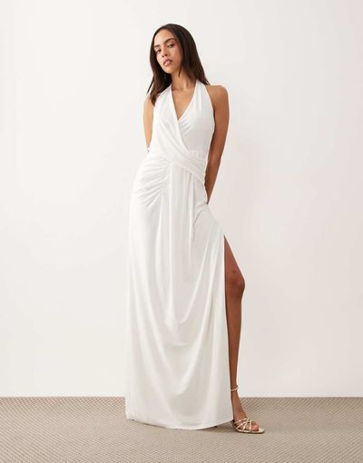Missyempire Missy Empire halterneck wrap drape front detail maxi dress in white