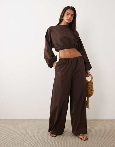 Missyempire Missy Empire linen blend elastic waist wide leg pants in chocolate - part of a set-Brown
