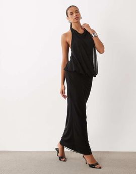 Missyempire Missy Empire mesh overlay drape front halterneck maxi dress in black
