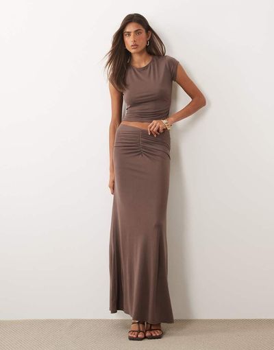Missyempire Missy Empire modal ruched front detail maxi skirt in chocolate - part of a set-Brown