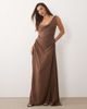 Missyempire Missy Empire satin asymmetric shoulder detail drape ruched side maxi dress in chocolate-Brown - 1