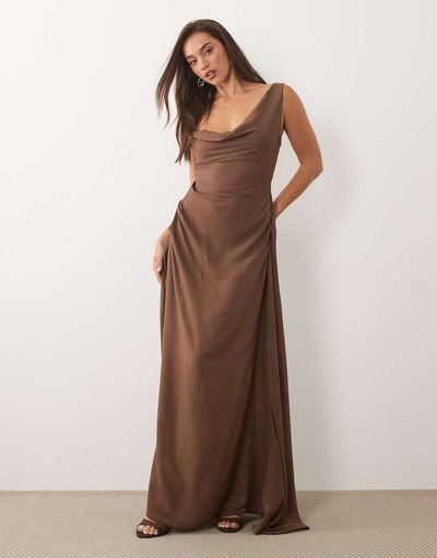 Missyempire Missy Empire satin asymmetric shoulder detail drape ruched side maxi dress in chocolate-Brown