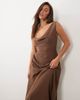 Missyempire Missy Empire satin asymmetric shoulder detail drape ruched side maxi dress in chocolate-Brown - 2