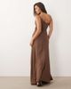 Missyempire Missy Empire satin asymmetric shoulder detail drape ruched side maxi dress in chocolate-Brown - 4
