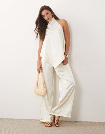 Missyempire Missy Empire satin wide leg pants in cream - part of a set-White