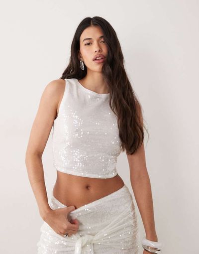 Missyempire Missy Empire sequin racerneck top in white - part of a set
