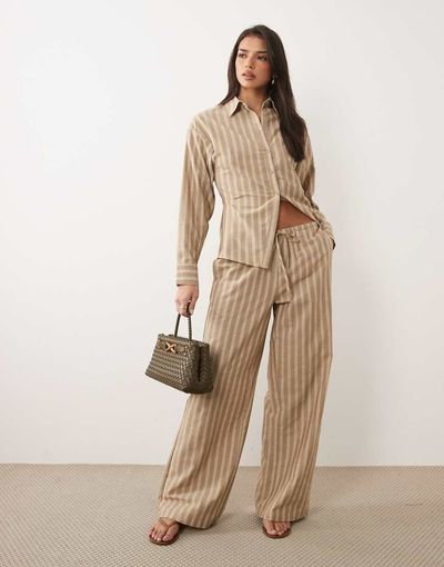 Missyempire Missy Empire tie waist wide leg pants in tan pinstripe - part of a set-Neutral