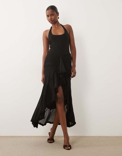 Missyempire Missyempire double sculpted slinky scoop halterneck ruffle high low detail maxi dress in black