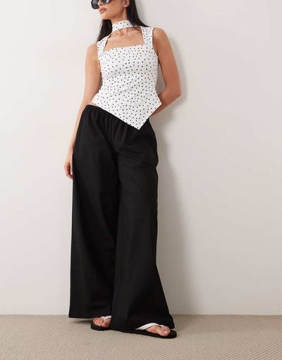 Missyempire Missyempire linen blend tie waist wide leg pants in black