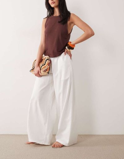 Missyempire Missyempire linen blend tie waist wide leg pants in white