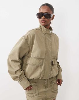 Missyempire Missyempire placket detail denim bomber jacket in khaki green - part of a set