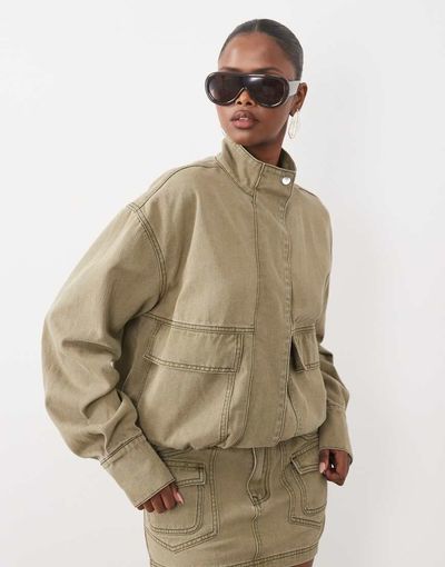Missyempire Missyempire placket detail denim bomber jacket in khaki green - part of a set