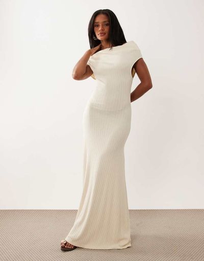 Missyempire Missyempire ribbed asymmetric drape shoulder detail maxi dress in cream-White