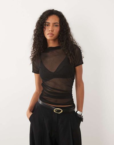 Missyempire Missyempire sheer mesh slash neck baby tee in black