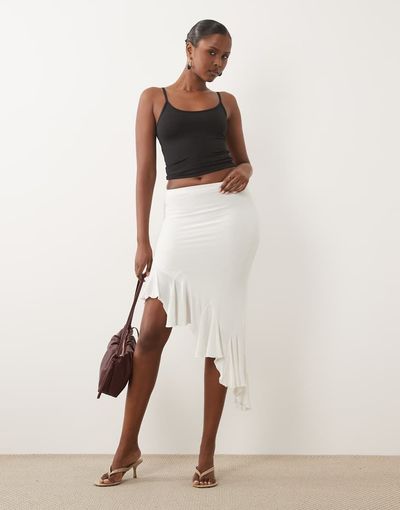 Missyempire Missyempire slinky asymmetric godet hem midaxi skirt in cream-White