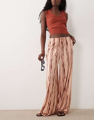 Missyempire Missyempire soft floaty wide leg drawstring pants in beige and maroon stripes-Neutral