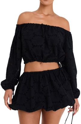Mistress Rocks Mistress Rocks Off the Shoulder Cotton Eyelet Crop Top