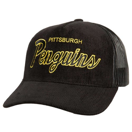 Mitchell & Ness Men's Mitchell & Ness Black Pittsburgh Penguins Times Up Classic Script Cord Trucker Adjustable Hat 