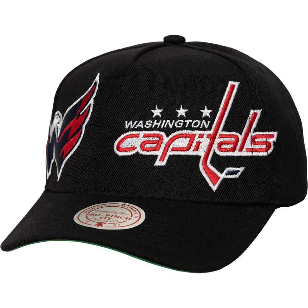 Mitchell & Ness Men's Mitchell & Ness Black Washington Capitals Busted Logo Wordmark Wrap-Around Pro Pinch Adjustable Hat 