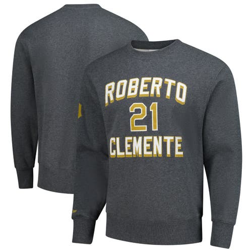 Mitchell & Ness Men's Mitchell & Ness Roberto Clemente Heather Charcoal Pittsburgh Pirates Legends Collection Vintage Logo Name & Number Fleece Pullover Sweatshirt