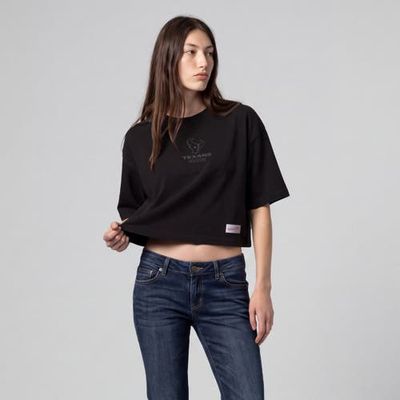 Mitchell & Ness Women's Mitchell & Ness Black Houston Texans Core Essentials Micro Logo Boxy Crop T-Shirt 
