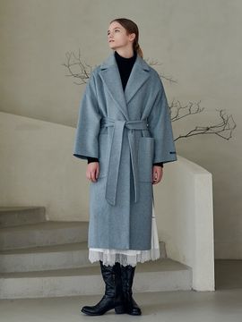MITTE Cashmere Pearl Belted Handmade Coat_Blue Melange