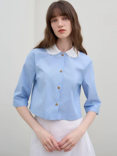 MITTE LACE COLLOR CROP STRIPE BLOUSE [BLUE]
